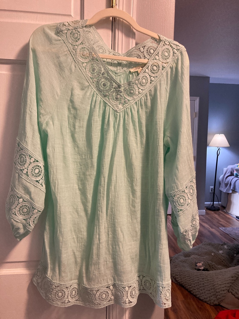 indigo soul Mint Crochet-Trim V-Neck Tunic